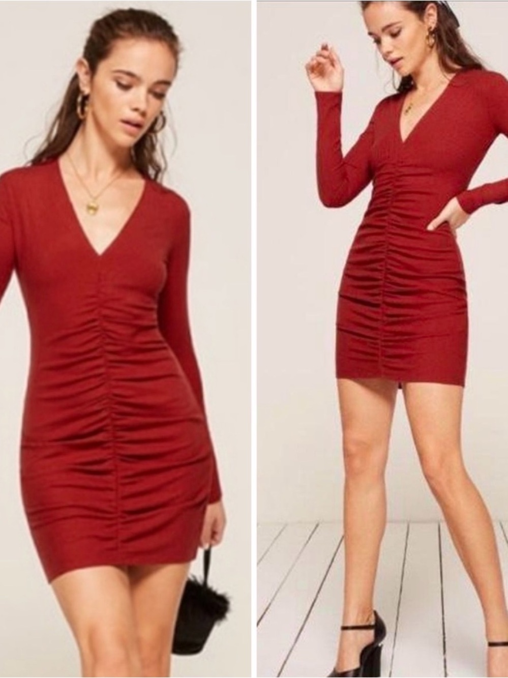 Reformation Raven Ruched Ribbed Dress Knit Red Stretch Party XL